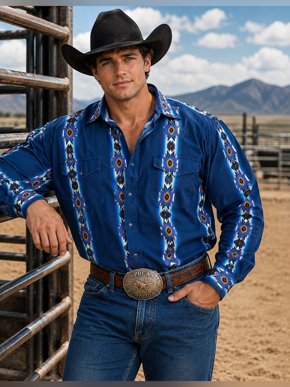 Wrangler Western Vintage Lapis blue Snap Shirt S. Western Aztec Print Rodeo XL 🐴